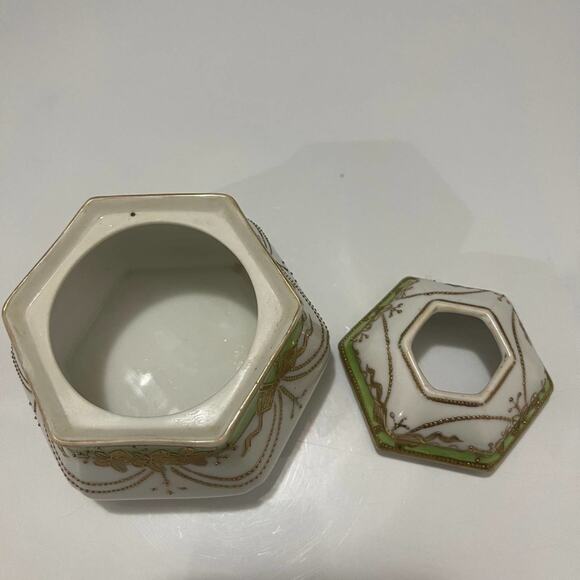 NIPPON Moriage Beading Vintage Hair Receiver Green Gold Hand Painted - Picture 7 of 8